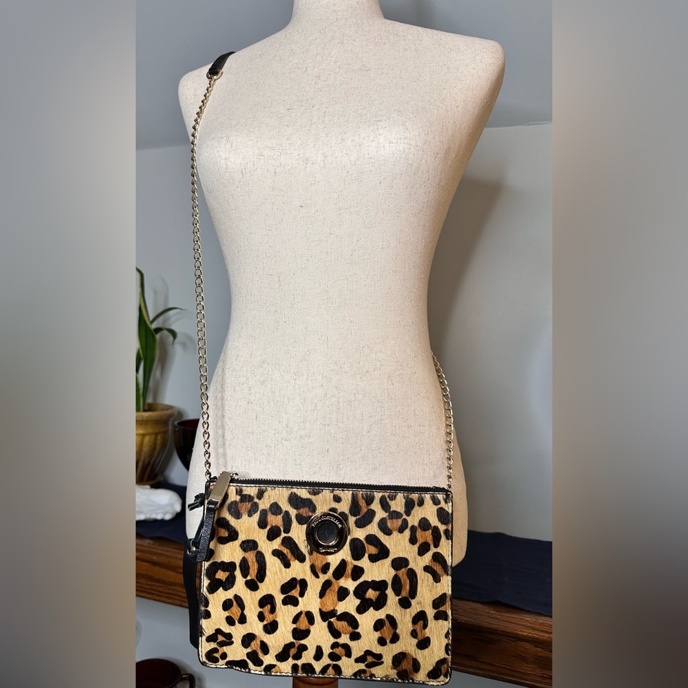 Paul Costelloe Collection Black Leather Leopard Crossbody Purse Gold Chain NWT!
